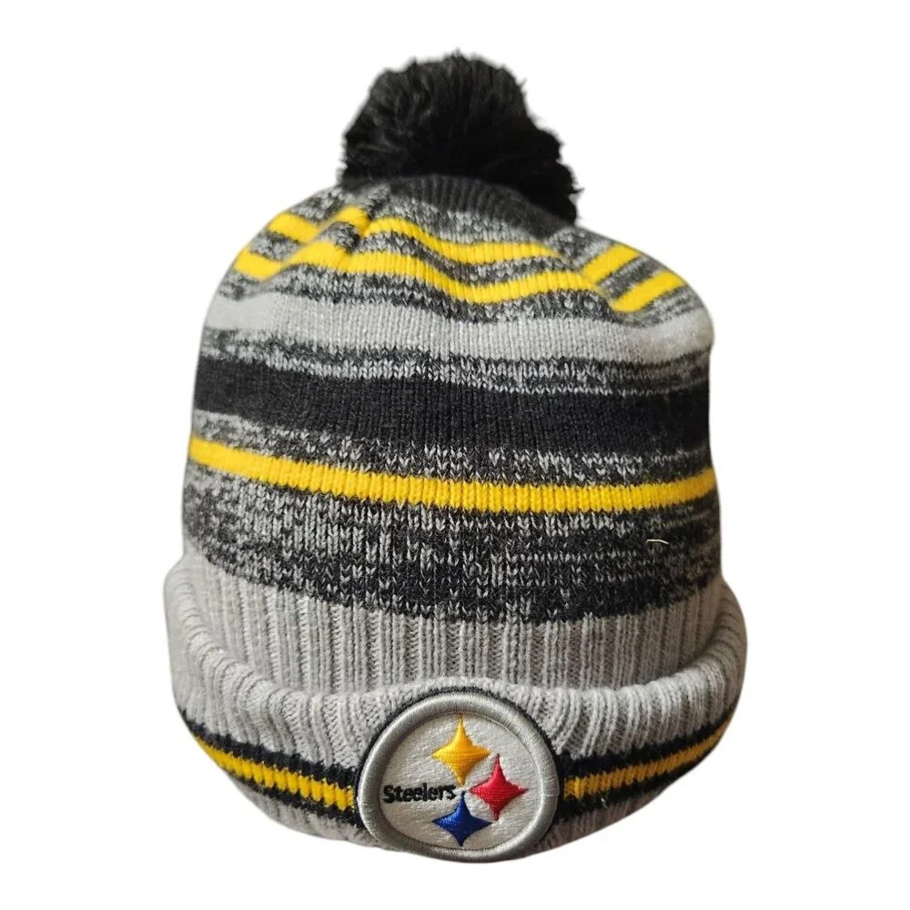 New Era Pittsburgh Steelers NFL Knit Pom Beanie Hat Black Grey Gold Striped